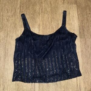 Vintage Camille Marie Handmade Navy Blue Silk Shell Beaded Tank Top - Large